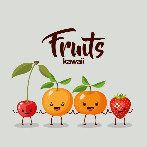 Vector illustration of color background of set fruits kawaii holding hands