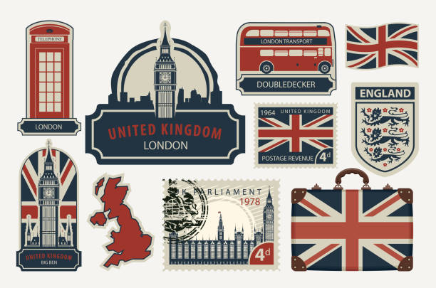 set of drawings on the theme of Great Britain Vector set of British symbols, stamps, architectural landmarks and flag of the United Kingdom in retro style british culture stock illustrations