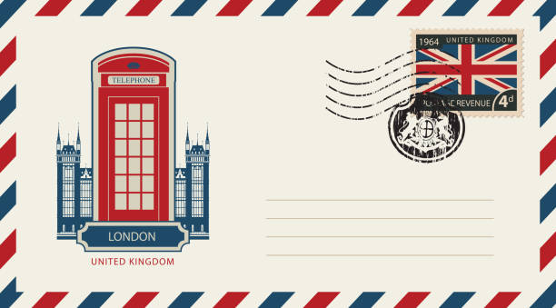 ilustraciones, imágenes clip art, dibujos animados e iconos de stock de sobre con cabinas telefónicas de londres y la bandera de reino unido - insignia british flag coat of arms uk