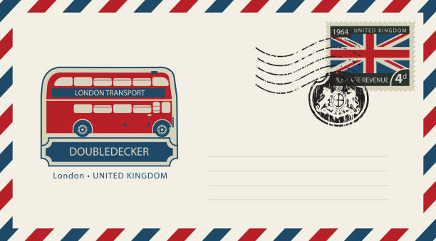 Vector envelope with London doubledecker, a postage stamp with flag of United Kingdom and rubber stamp in form of royal coat of arms