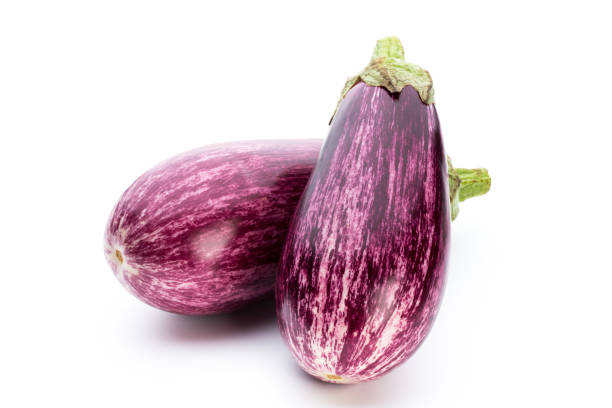 istock Fresh eggplants, aubergine on a white background. 859649600