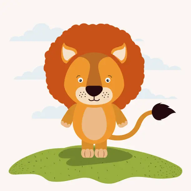 Vector illustration of white background with color scene cute lion animal in grass