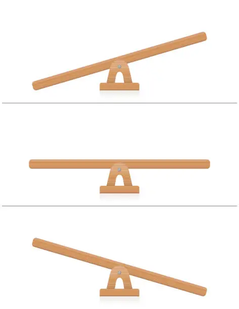 Vector illustration of Seesaw or wooden balance scale - balanced and unbalanced, equal and unequal weightiness - isolated vector illustration on white background.