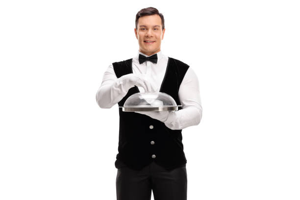 istock Young waiter holding an empty tray with a plastic lid 859654054