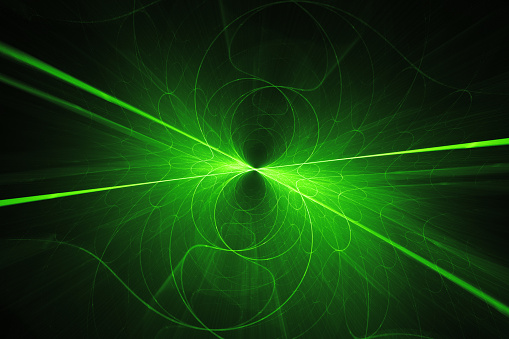 Futuristic glowing green lines and curves in space, computer generated abstract background, 3D rendering