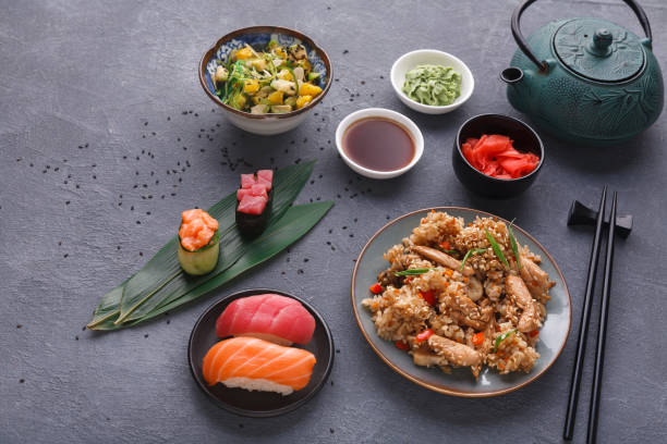 istock Served table with asian food 859658368