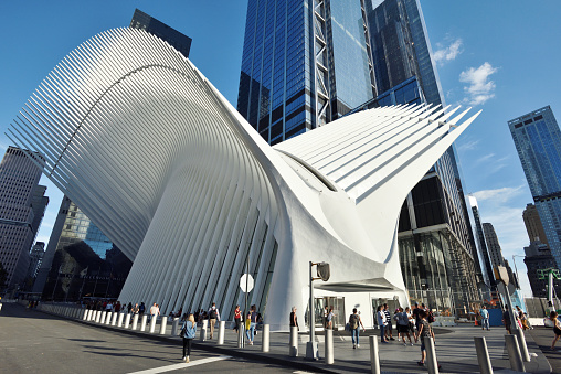 New York City - August 24: Exterior of the WTC Transportation Hub on August 24, 2017 in New York City, USA. The main station house, the Oculus, opened on March 4, 2016.