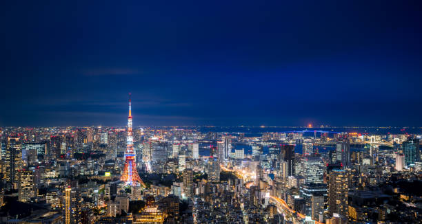 panorama tokio skyline w nocy - tokyo prefecture building exterior high angle view tokyo tower zdjęcia i obrazy z banku zdjęć