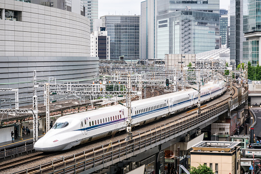 Tokyo, Japan - May 14, 2017: High angle view of a Tokaido Shinkansen bullet train speeding through downtown Tokyo.