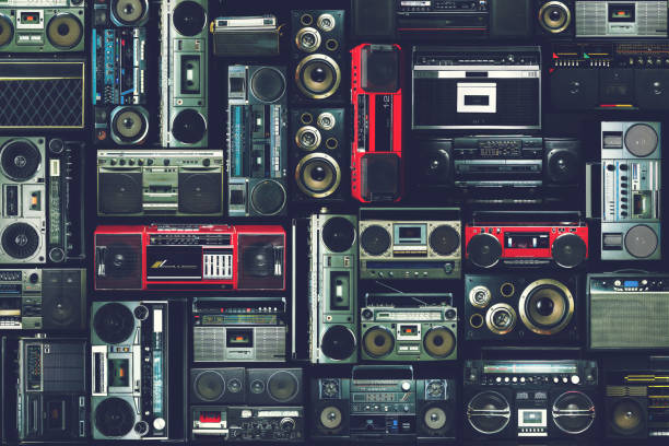 Vintage wall of radio boombox of the 80s stock photo