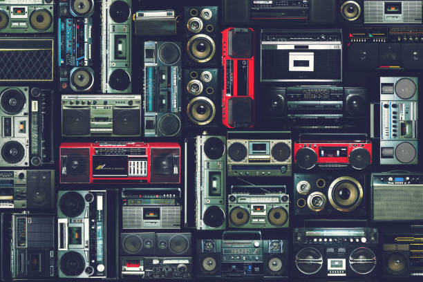 Vintage wall of radio boombox of the 80s Vintage wall of radio boombox of the 80s, retro objects vintage portable silver radio stock pictures, royalty-free photos & images