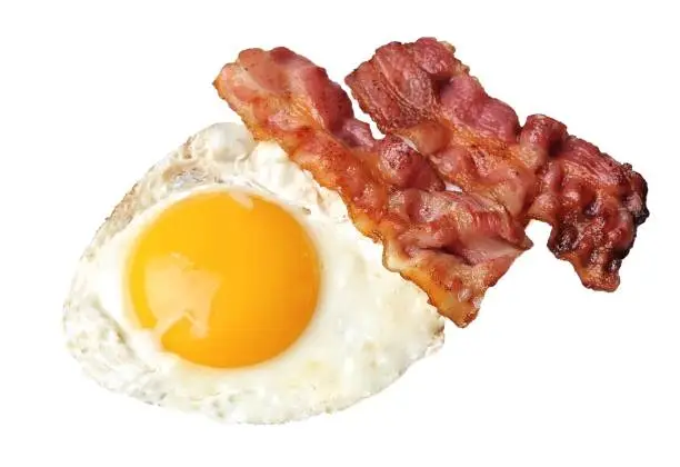 Breakfast with fried eggs and bacon isolated on white backgrounds .