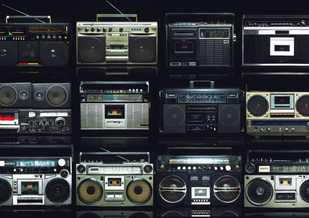 Vintage wall of radio boombox of the 80s Vintage wall of radio boombox of the 80s, retro objects vintage portable silver radio stock pictures, royalty-free photos & images