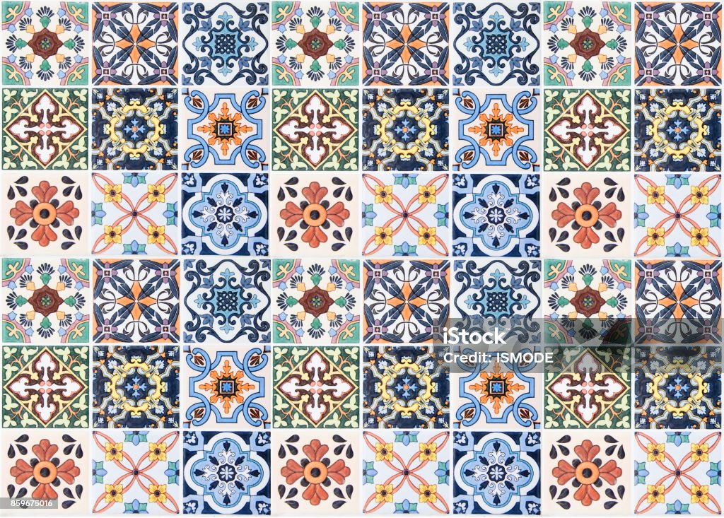 Colorful vintage ceramic tiles wall decoration.Turkish ceramic tiles wall background Tile Stock Photo
