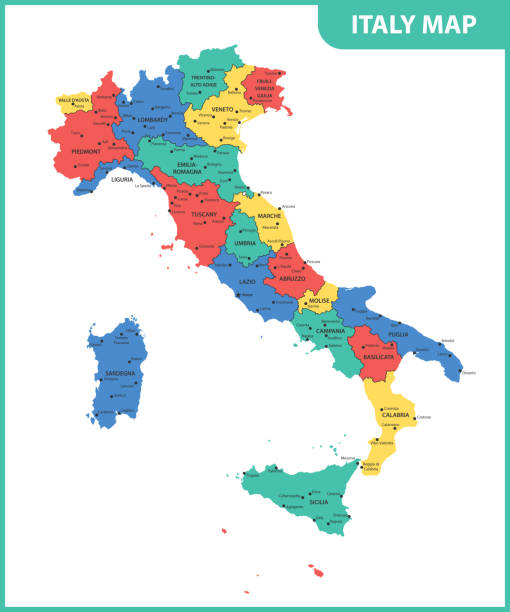 illustrazioni stock, clip art, cartoni animati e icone di tendenza di la mappa dettagliata dell'italia con regioni o stati e città, capitale - marche