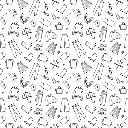 Hand Drawn Womens Clothing Vector Illustration On White Background Seamless  Pattern Stock Illustration - Download Image Now - iStock
