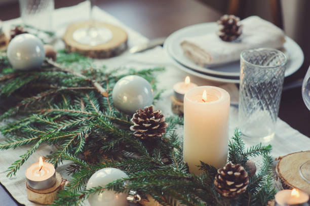 istock Table setting for celebration Christmas and New Year Holidays. Festive table at home with rustic details 859676010
