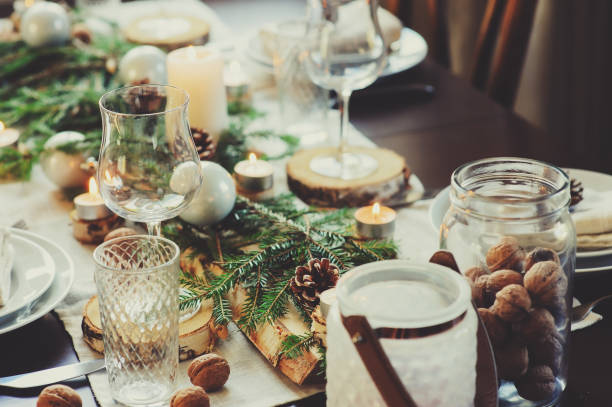 istock Table setting for celebration Christmas and New Year Holidays. Festive table at home with rustic details 859676018
