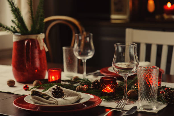 istock Table setting for celebration Christmas and New Year Holidays. Festive table at home with rustic details 859676020