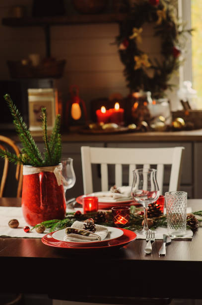 istock Table setting for celebration Christmas and New Year Holidays. Festive table at home with rustic details 859676046