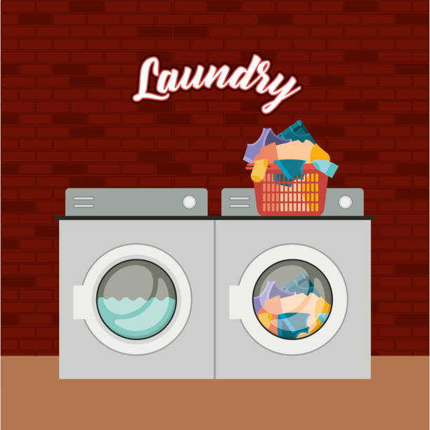 ilustrações de stock, clip art, desenhos animados e ícones de brick wall background of set wash machine laundry an pile dirty clothes in plastic basin - backgrounds dirty metal industry