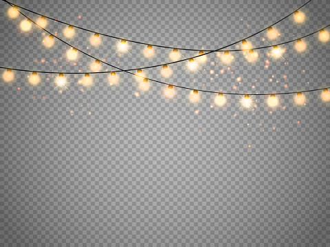 Christmas lights isolated on transparent background. Set of golden xmas glowing garland. Vector illustration
