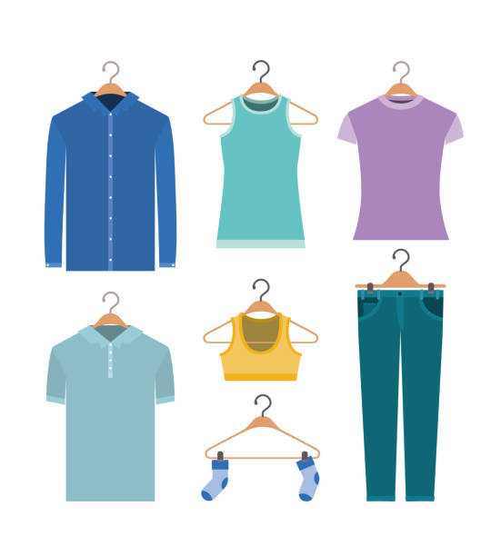 ilustrações, clipart, desenhos animados e ícones de fundo branco de roupa colorido conjunto de elementos em cabides - child clothing arrangement hanger