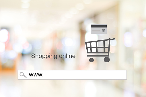 www. on address bar over blur store with bokeh background, web banner, online shopping background, business and technology, E-commerce, digital marketing