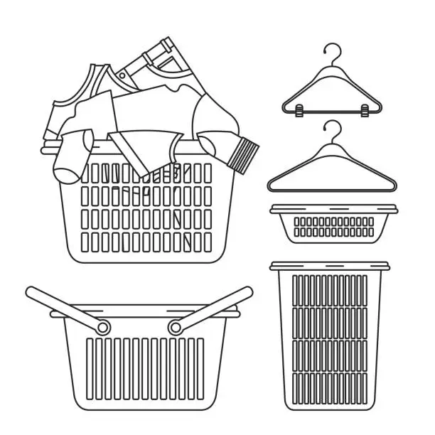 Vector illustration of white background of contour set elements of clothes in plastic basin and metallic hangers