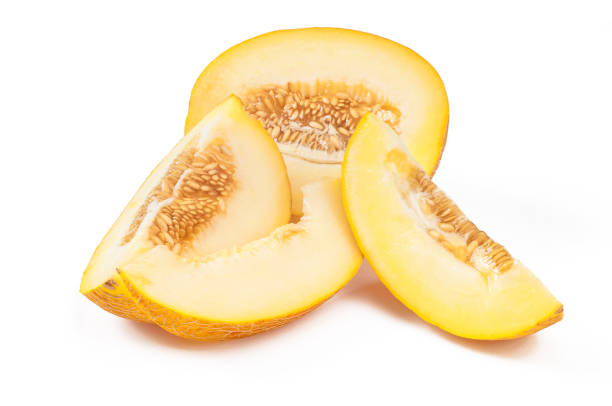 istock Sweet yellow melon, slices, isolated on white 859685260