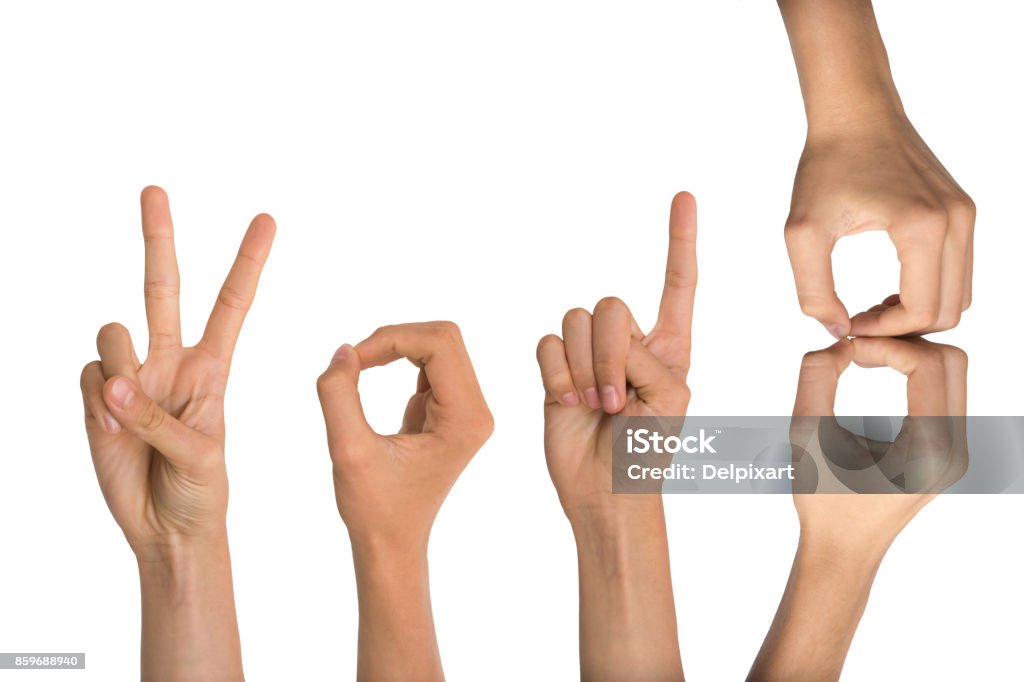 2018 written with hands and fingers isolated on white background Sign Language Stock Photo