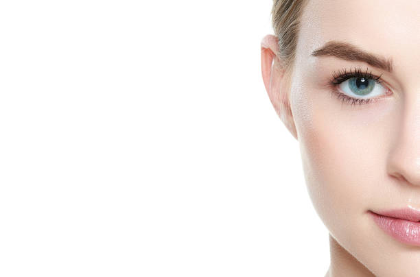 girl with blue eyes, looking at camera smiling. beauty portrait. - symmetry imagens e fotografias de stock