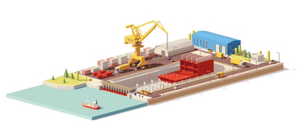 Vector low poly ship construction in dry dock Vector low poly ship construction in dry dock. Includes crane, warehouse, trucks and other infrastructure dry dock stock illustrations