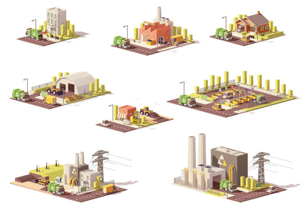 ilustrações de stock, clip art, desenhos animados e ícones de vector low poly waste management icons - incinerator