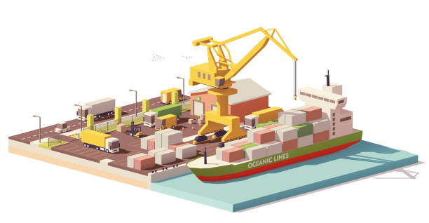 ilustrações, clipart, desenhos animados e ícones de navio e o terminal de contentores de porto de baixo poli vector - sea freight transportation transportation shipping