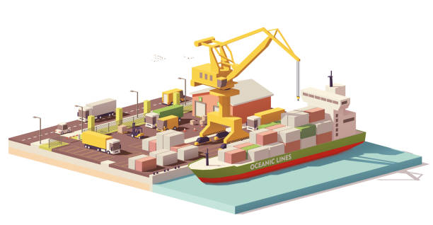 Vector low poly port container terminal and ship Vector low poly cargo port container terminal with crane, container ship and warehouse Harbor stock illustrations