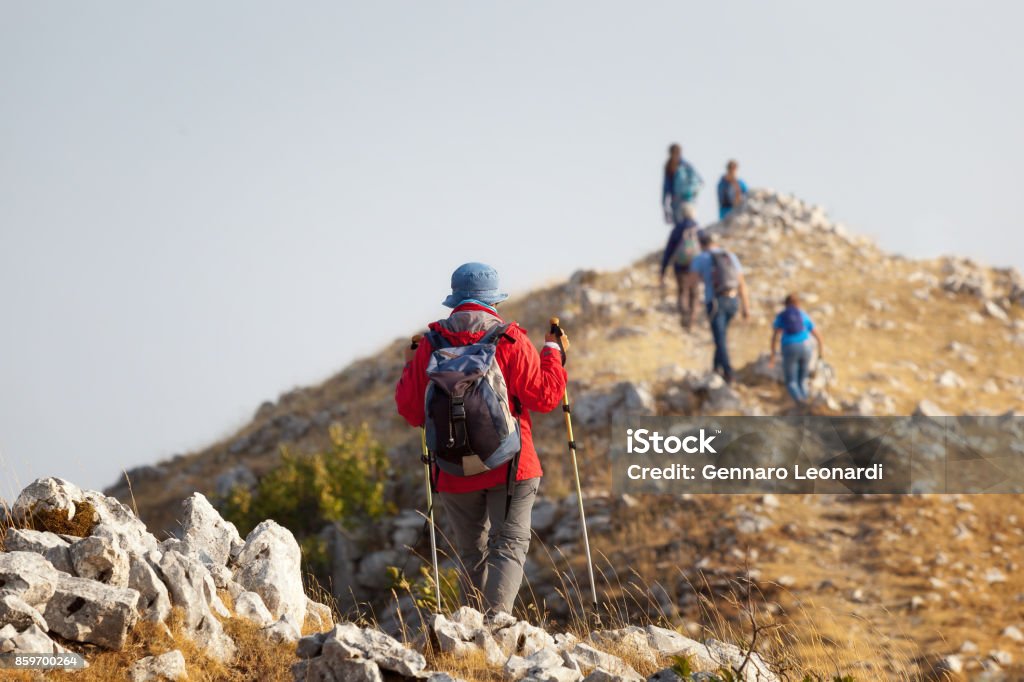 A group of hikers reaches the top of a mountain Pescasseroli (AQ), Italy - August 31, 2017: Group of hikers reach the top of the ridges of the mountains of Pescasseroli, near the Iorio Refuge. Mountain Stock Photo