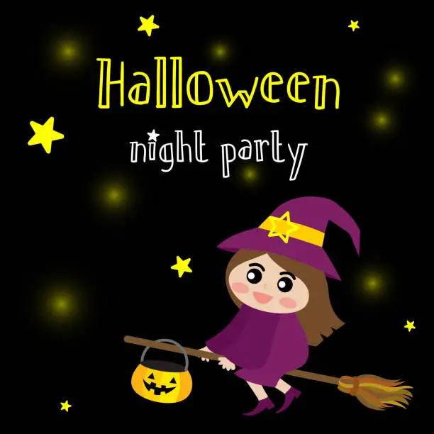 Vector illustration of Halloween design concept with witch riding broomstick on dark sky