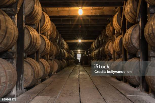 Starburst On Lights In Bourbon Aging Warehouse Stock Photo - Download Image Now - Barrel, Bourbon Whiskey, Whiskey