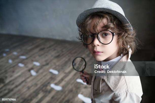 Little Boy Stock Photo - Download Image Now - Detective, Child, Magnifying Glass