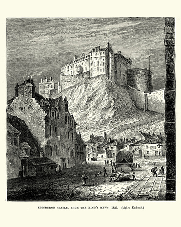 Vintage engraving of Edinburgh Castle, from the King's Mews, 1825
