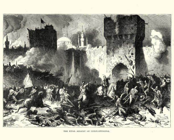 Fall of Constantinople to the the Ottoman Empire Vintage engraving of Fall of Constantinople, the capture of the capital of the Byzantine Empire by an invading army of the Ottoman Empire on 29 May 1453. byzantine stock illustrations