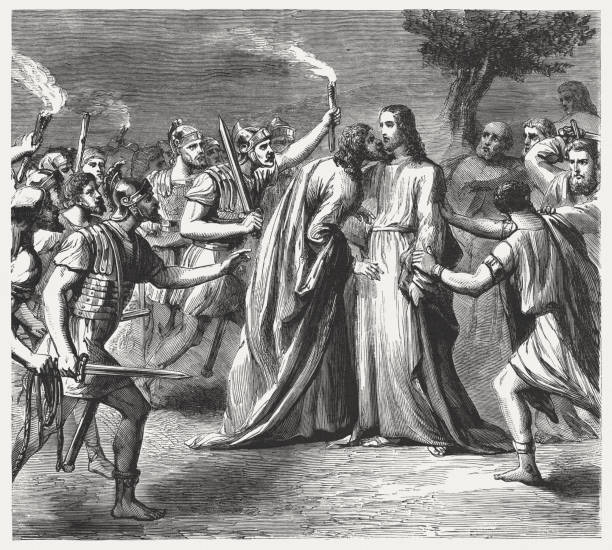 Judas betrays Jesus (Luke 22, 47-48), wood engraving, published 1886 Judas Iscariot betrays Jesus with a kiss (Luke 22, 47 - 48). Wood engraving, published in 1886. judas stock illustrations