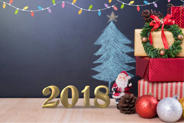 istock Christmas background with decorations gift box and Happy New Year 2018 text on white table. 859727746