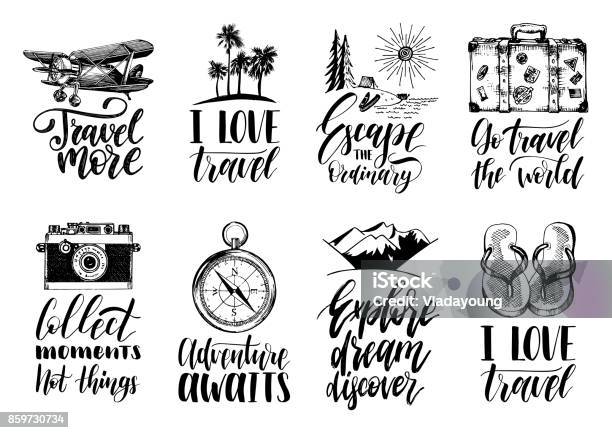 Vector Set Hand Schriftzug Mit Phrasen Über Reisen Und Skizzen Der Touristischen Symbole Stock Vektor Art und mehr Bilder von Reise