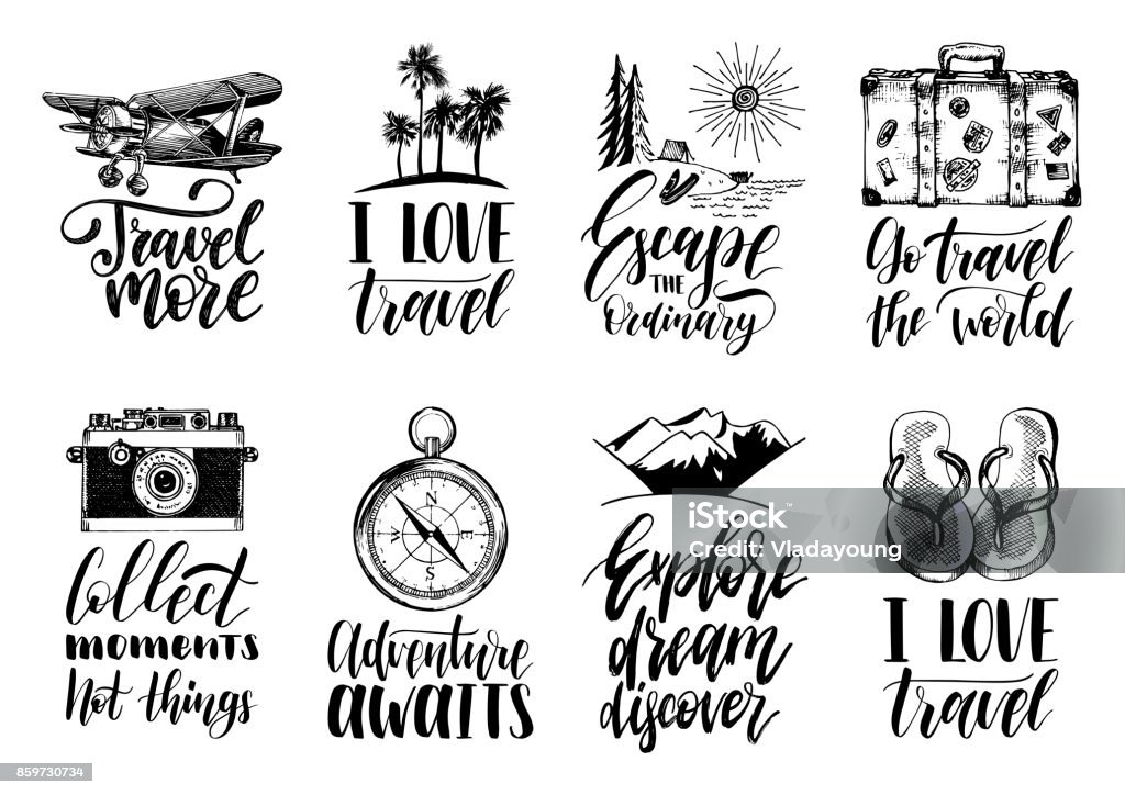 Vecteur série de main lettrage avec phrases sur voyager et croquis des symboles touristiques. - clipart vectoriel de Voyage libre de droits