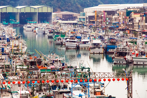 Hundreds of fishing boats moored at the popular seaside town Suao Harbour in Taiwan