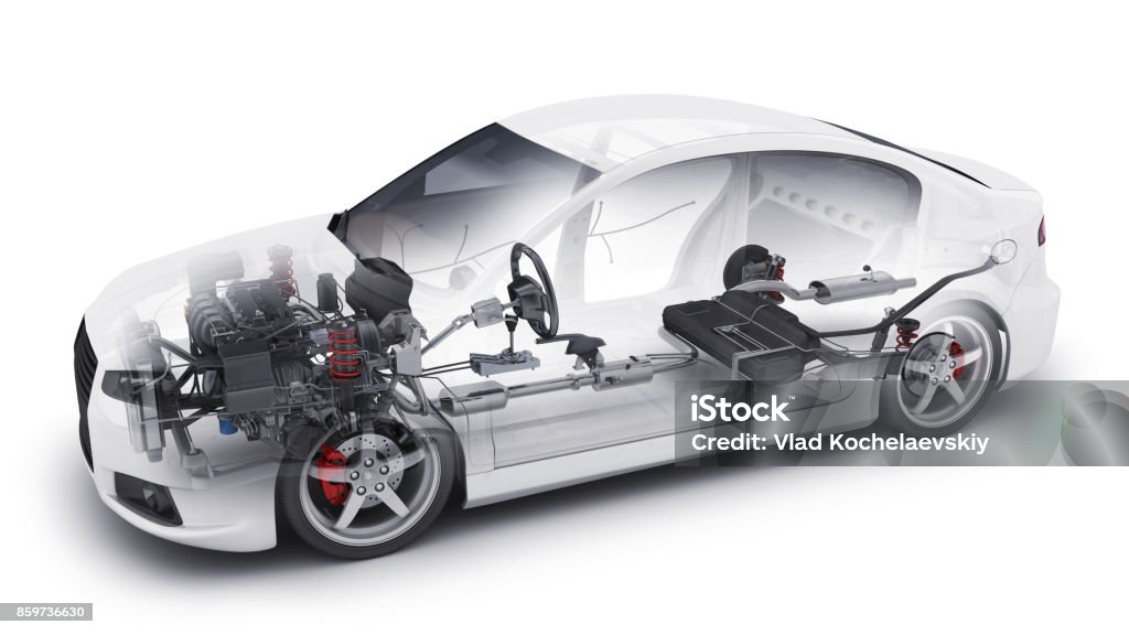 transparent car and interior parts Transparent car and spare and engine and other detail. 3d illustration Car Stock Photo