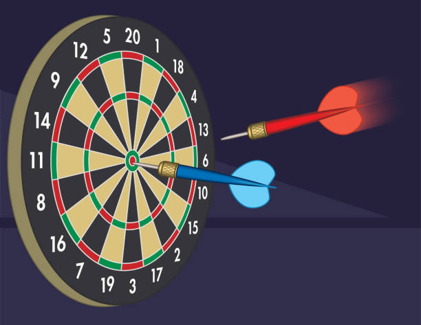 istock dart in motion to board with another dart in bulls-eye on dark background 859739212
