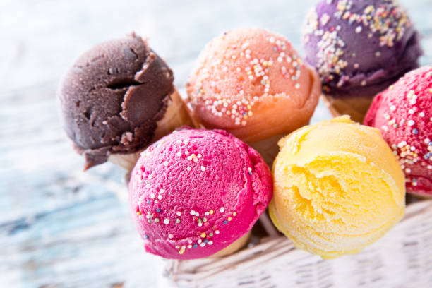 istock Ice cream scoops on wooden table 859740232